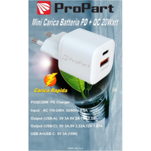 ProPart Carica Batteria Rapido Mini PD + QC 20W 2 Uscite Tipo-C - A